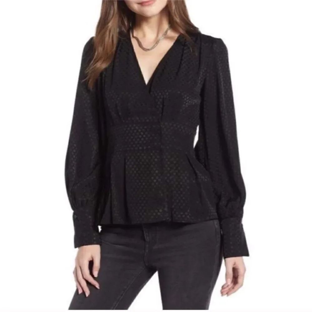 Something Navy Peplum Jacquard Polka Dot Drape Front VNeck Black Blouse Sz S NWT